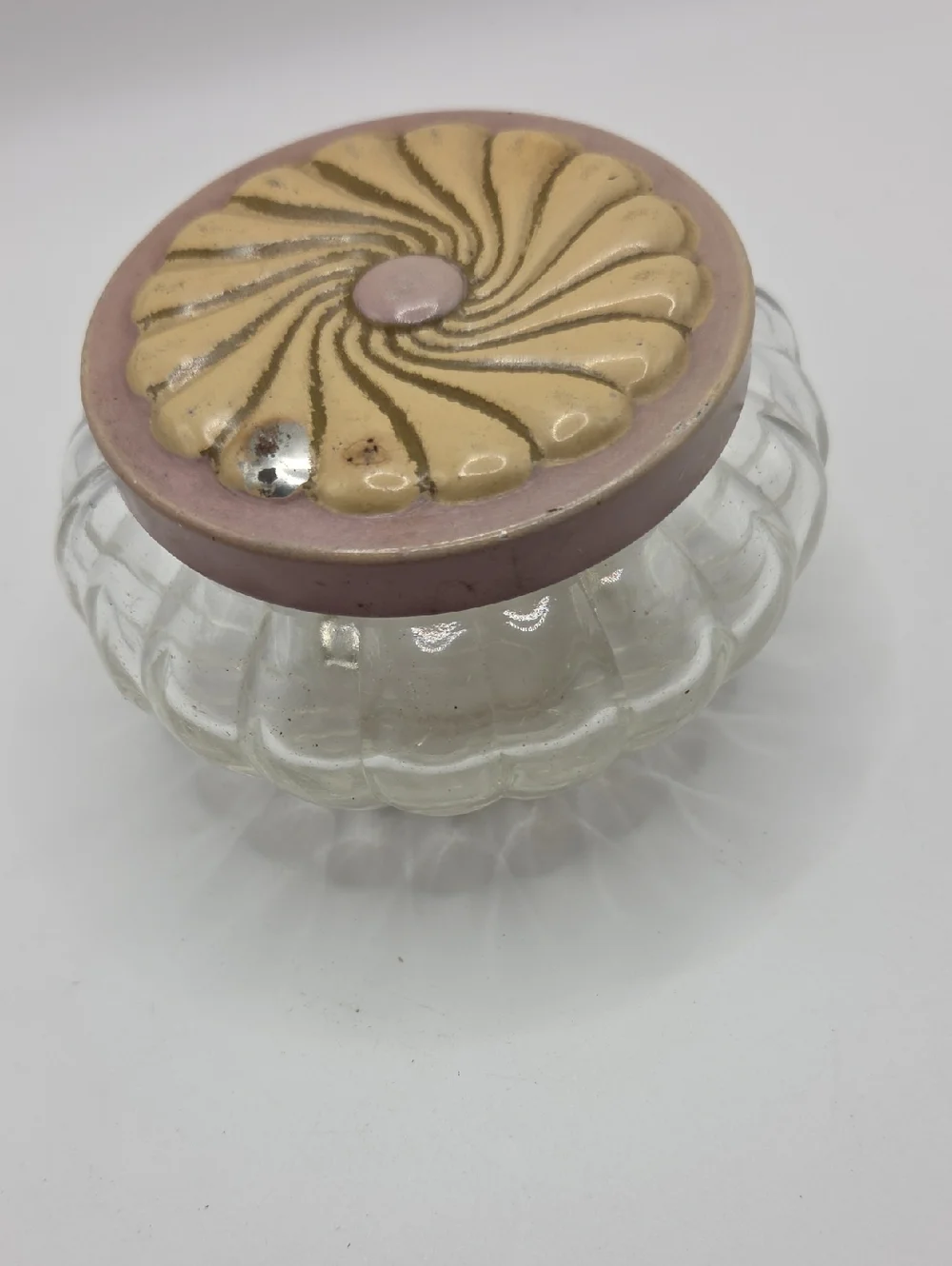 Vintage Glass Powder  Jar with Pink and Cream Decorative Lid